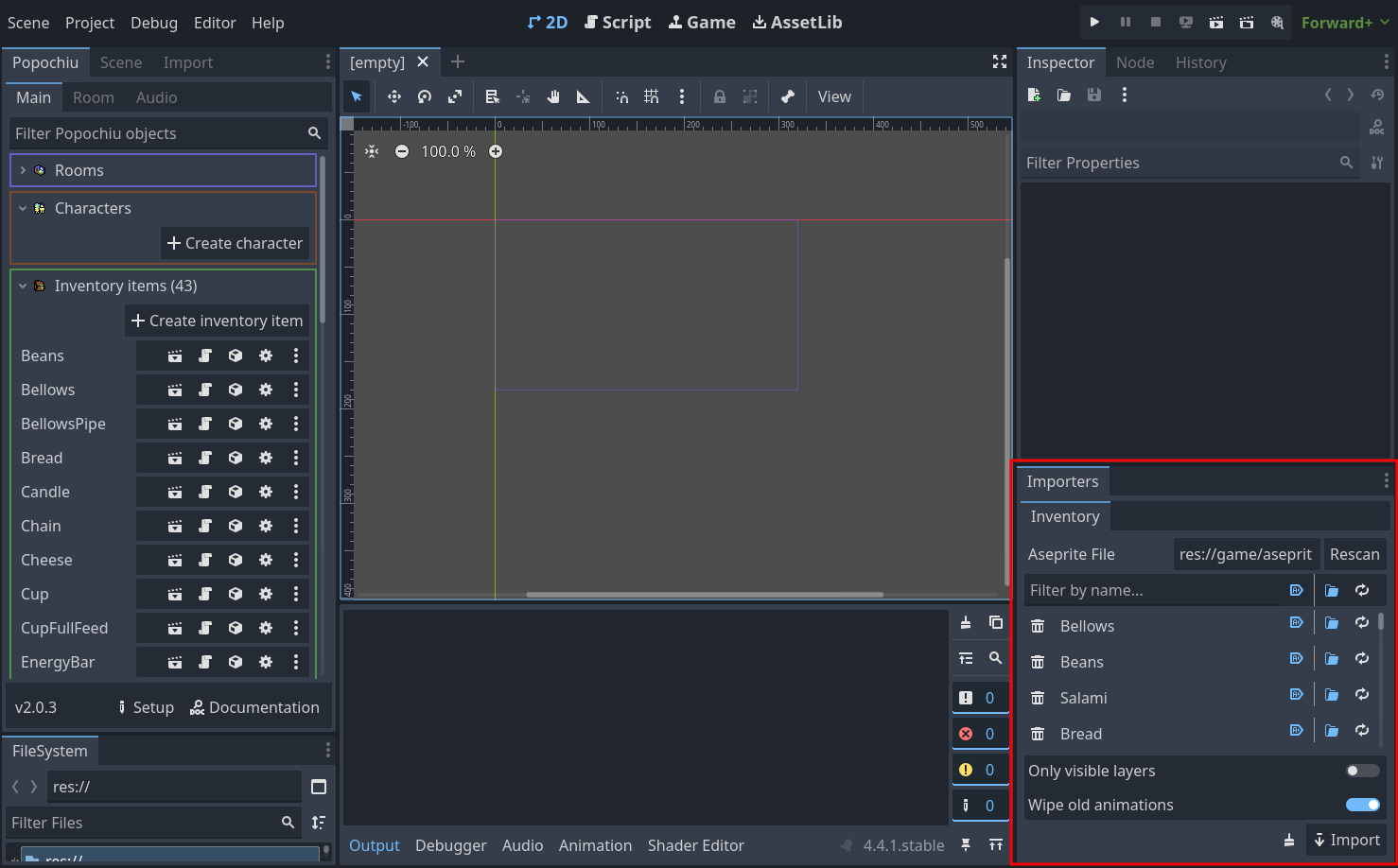 Aseprite importers dock