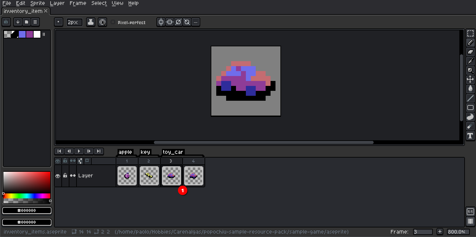 Inventory Aseprite source file example - Multi frame animation
