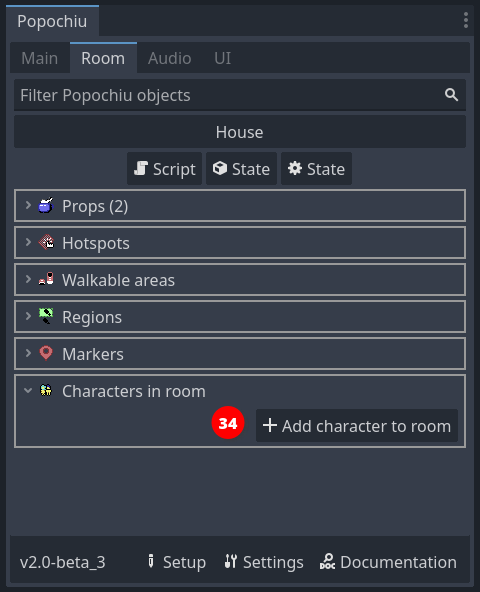 Add character to room button
