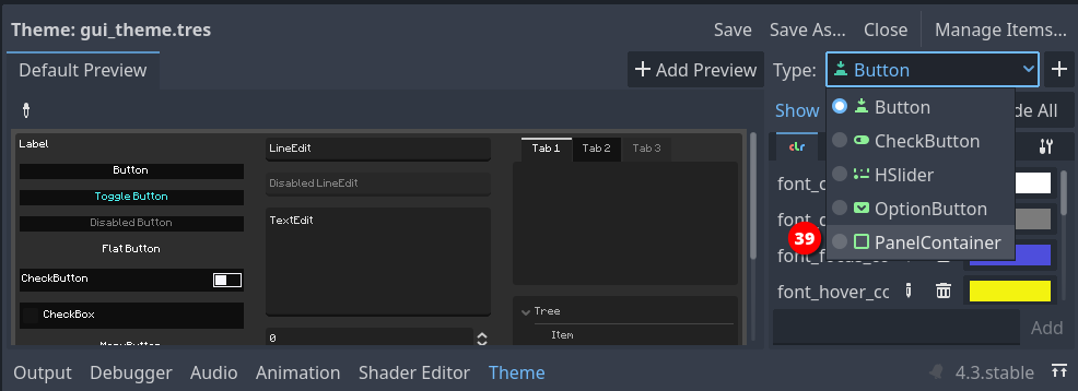 Select PanelContainer node type